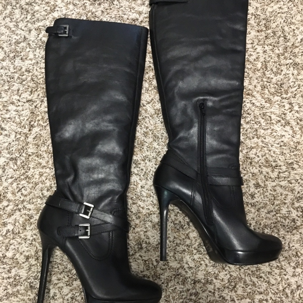 BCBGeneration Tall Black Leather Knee Boots 9.5/39.5 w/ Platform and 5in. Heel